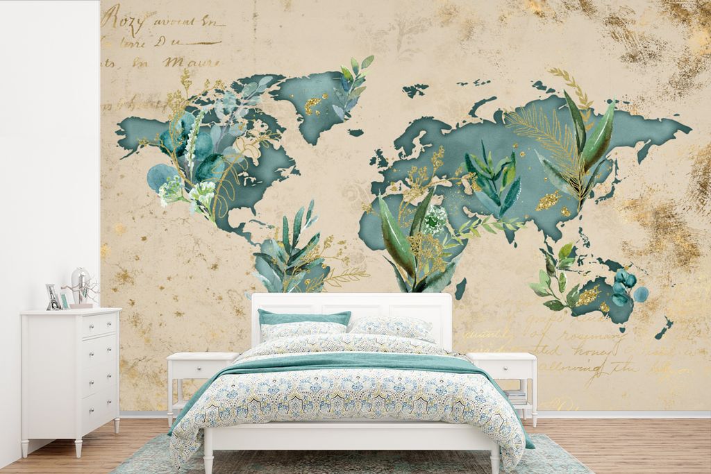 MuchoWow Fototapete für Wohnzimmer oder Schlafzimmer Wandtapete Vinyl Motivtapete Weltkarte - Papyrus - Vintage - 450x300 cm - Gemusterte