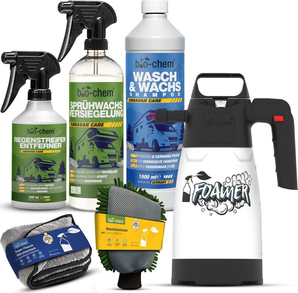 bio-chem Caravan Versiegelung PROFI-SET 6-tlg. – Wasch & Wachs, Regenstreifen-Entferner, Sprühwachs-Versiegelung + Zubehör – Wohnmobil & Wohn...
