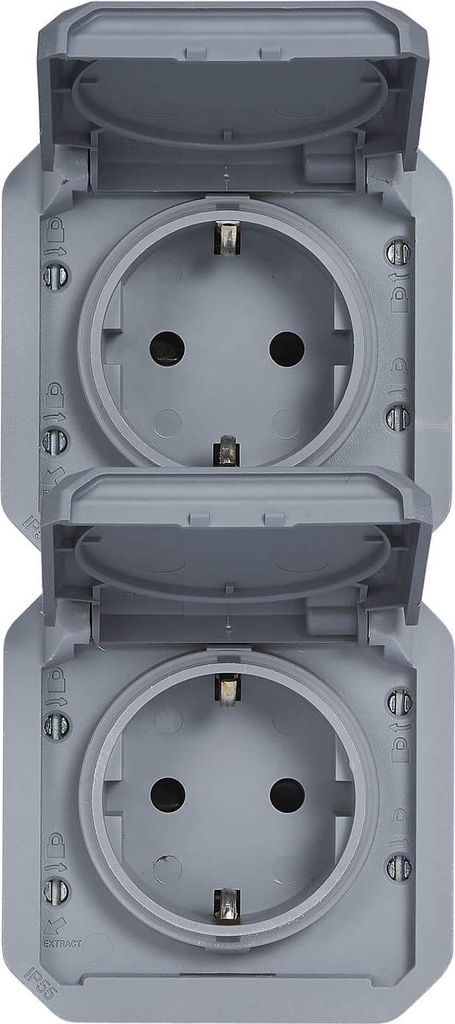 Legrand PLEXO New Einsatz, Feuchtraum Steckdose, 2-fach inkl. Klappdeckel, Berührungsschutz, vorverdrahtet, vertikal, IP55/IP44 grau, 069577L