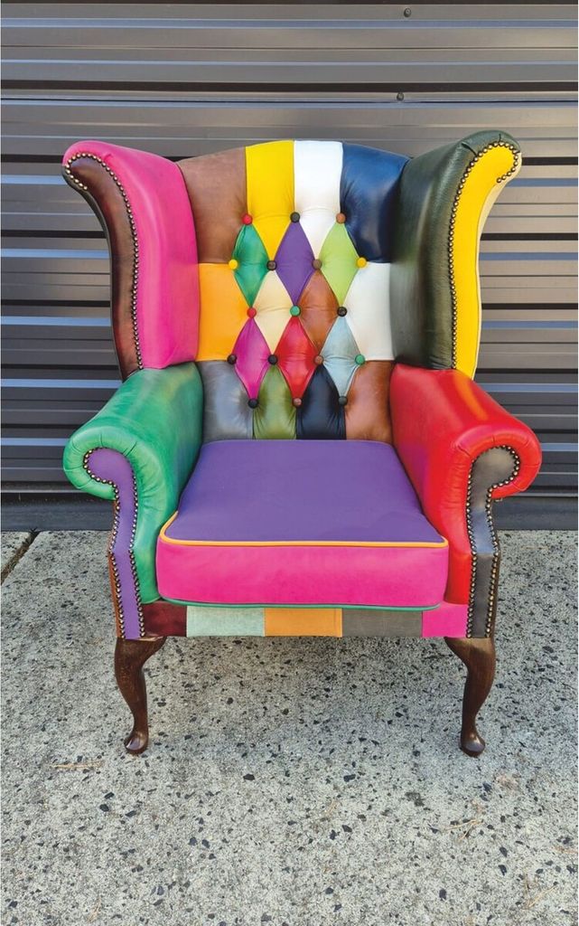 Casa Padrino Luxus Chesterfield Ohrensessel Bunt / Dunkelbraun - Patchwork Echtleder Möbel