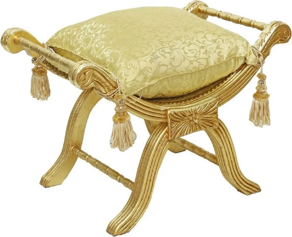 Tabouret baroque fait main or, pouf en bois sculpté de style antique