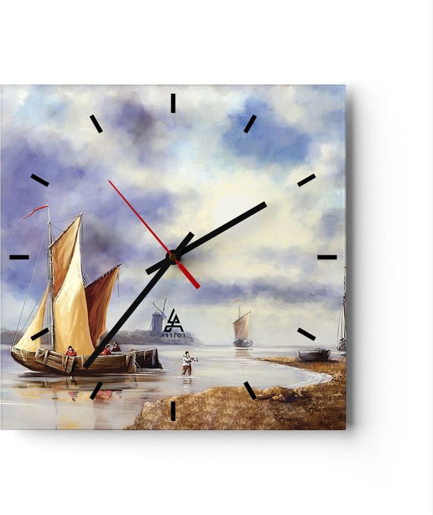 Wanduhr - Quadrat - Glasuhr - Fischer Schiff Fan - 30x30cm - Schleichendes Uhrwerk - Lautlos - zum Aufhängen bereit - Dekoration Modern - Wanddeko...