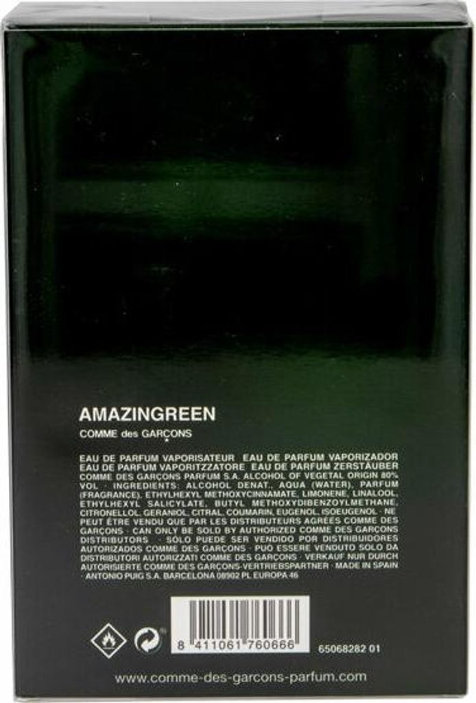 The back of a dark green perfume box with product information and a barcode.