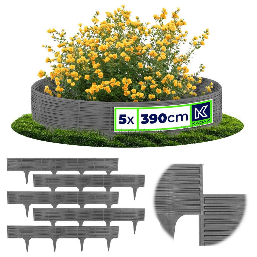 KADAX Rasenkante 78 cm, 5 Stück, Beeteinfassung in Rattanoptik, Beetumrandung aus Kunststoff, Rasenbegrenzung, Beetbegrenzung für Garten (Grau)