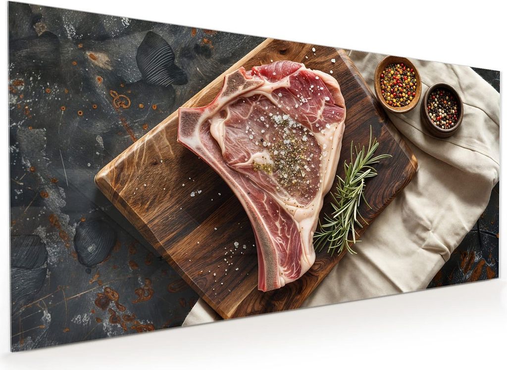 Küchenrückwand Spritzschutz Glas mit Motiv Steakauf Holzbrett 40 x 40 cm