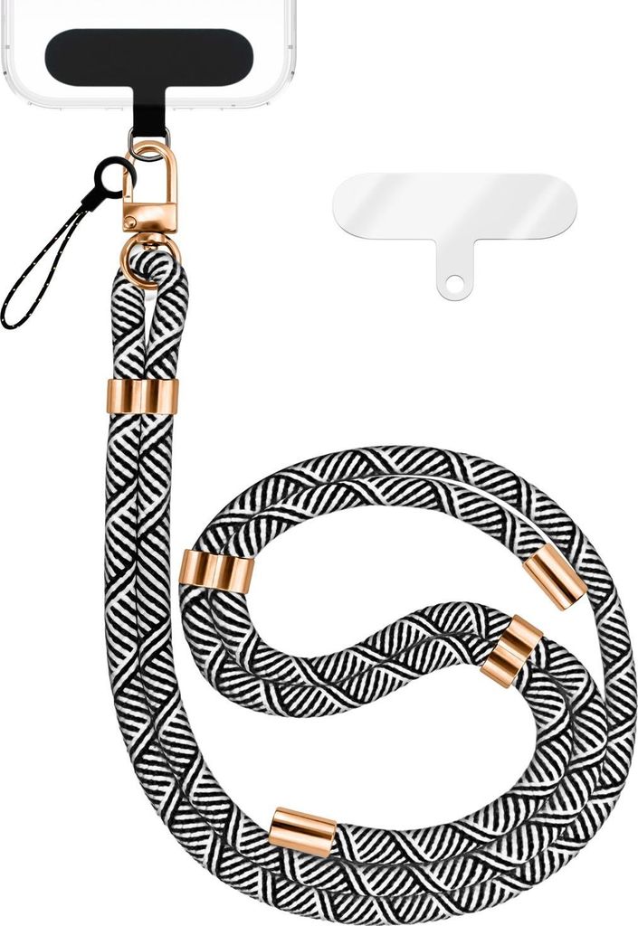 HoldMe Edition - Lanyard mit Karabiner Schwarz & 2 Pads - Universal Handykette Nylon Umhänge Band - Schwarz Weiß