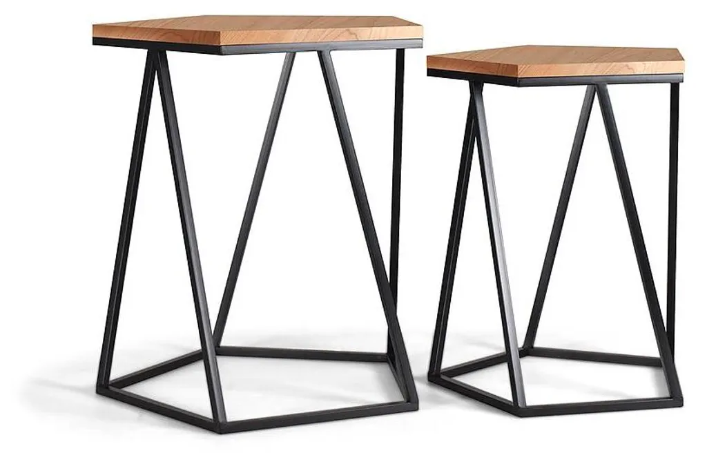Lot de 2 tables basses Geometric Design en bois de cèdre et fer forgé
