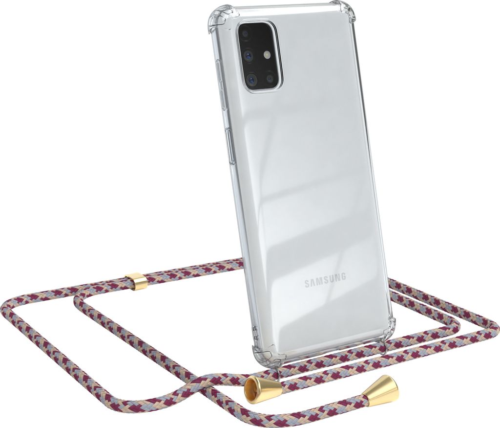 EAZY CASE Handykette kompatibel mit Samsung Galaxy M51, Handyhülle mit Umhängeband, Handykordel, Schutzhülle Clear, Band in Rot