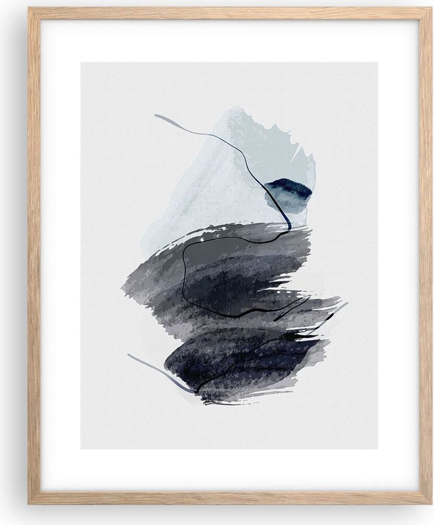 Gerahmtes Poster - Rahmen in heller Eiche - Blau Grau Aquarell - 40x50 cm - Wand Bild - Wanddeko - Wandbilder - Kunstposter - Wandposter - Bilderra...