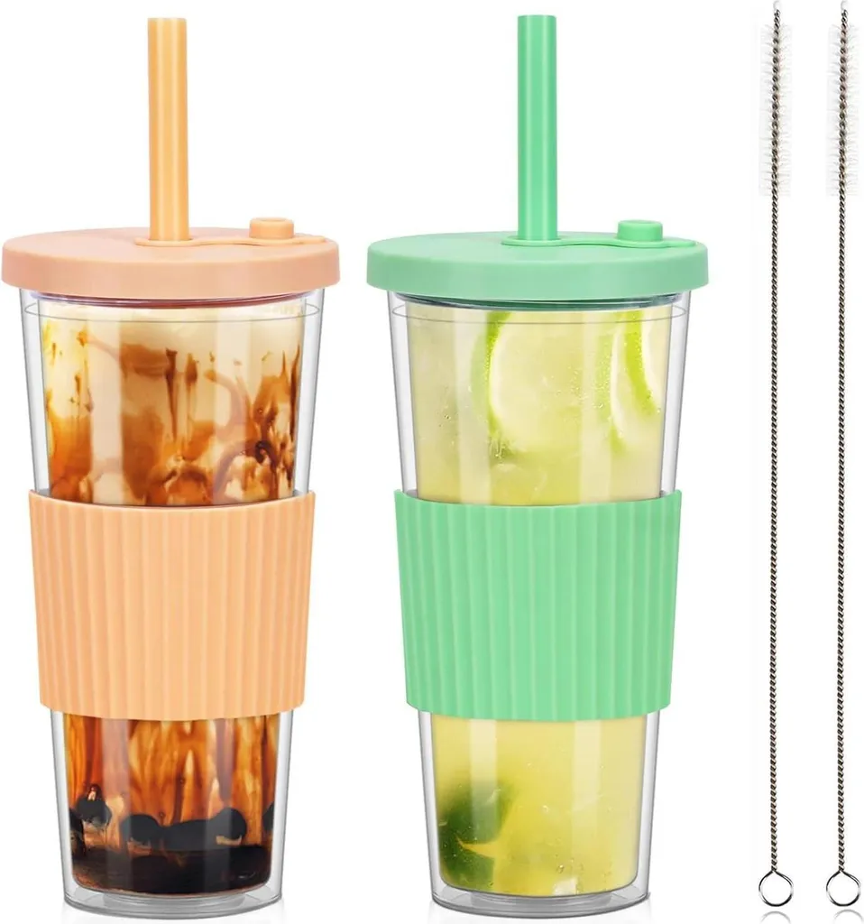 Tazza Bubble Tea 24 oz Doppia Parete Arancione/Verde - Set 2