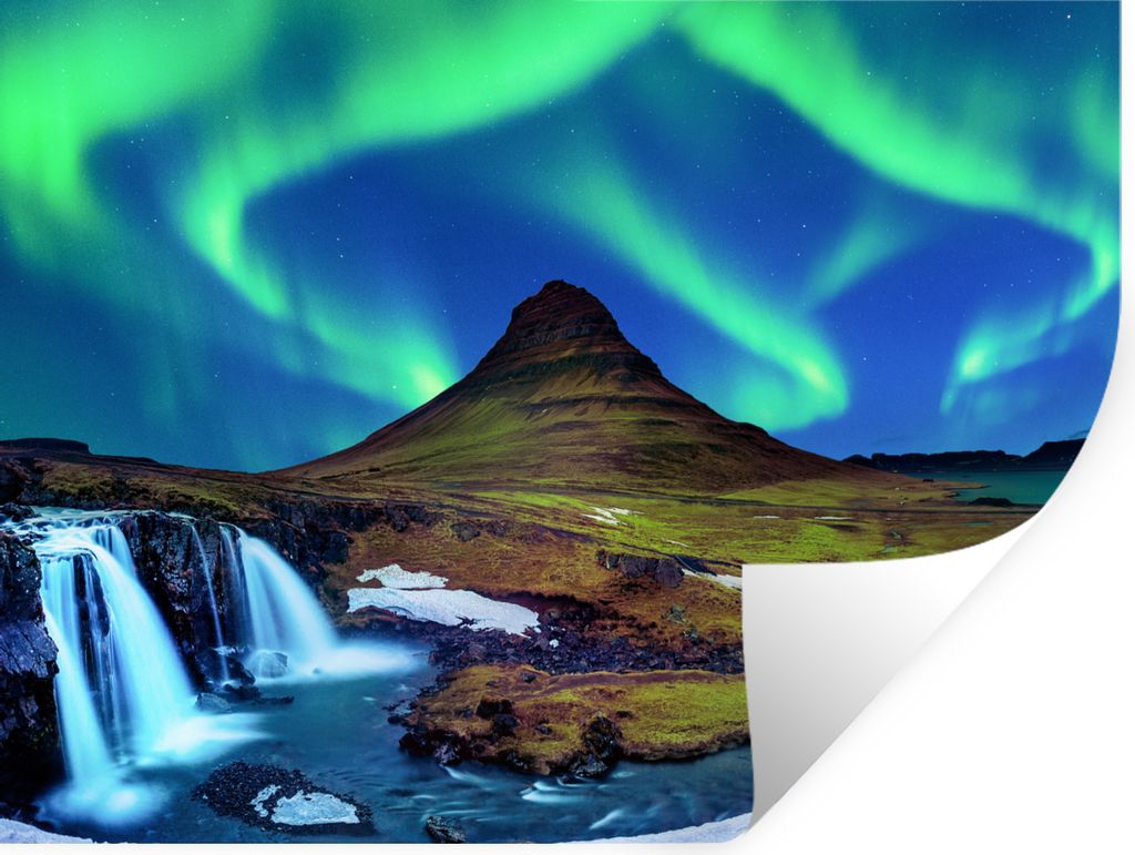 MuchoWow Wandtattoo Wandsticker Wandaufkleber Nordlicht - Sternenhimmel - Island - Berg - Grün - Wasserfall - See 160x120 cm Selbstklebend und R...