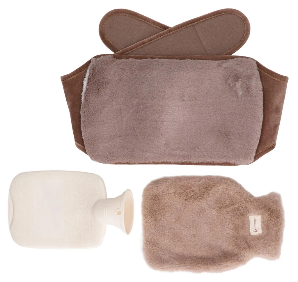 Bouillotte Peluche 1L avec Sangle pour Soulager Dos et Ventre, Brun Foncé