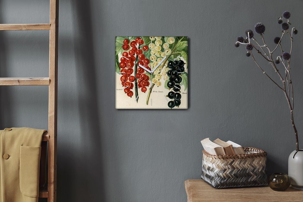 Coloray Hodiny Unikátní 30x30 cm Tiché hodiny Pro obývací pokoj a kuchyň Nástěnné hodiny Plátno Bílé ručičky hodin - Listy ovocné v...