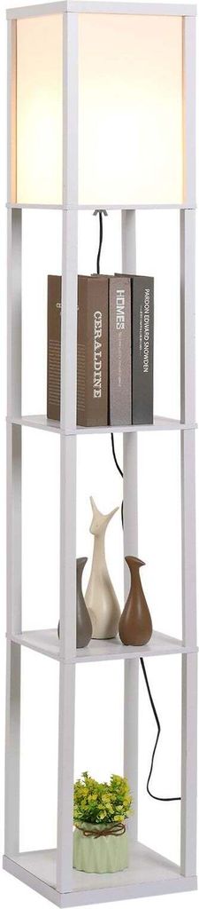 A white floor lamp with shelves, displaying books, vases, and a plant.