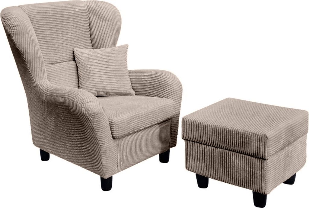 Ohrensessel mit Hocker Landhausstil Polster-TV-Lesesessel Cordstoff Braun Taupe / 18020