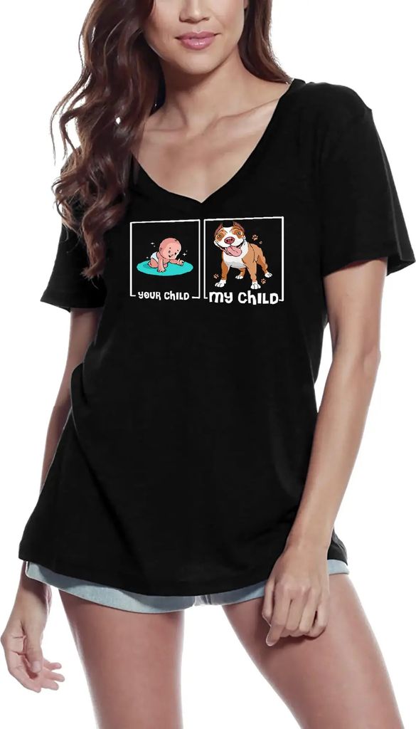 Damen Grafik T-Shirt V-Ausschnitt Dein Kind mein Kind Hund – Your Child My Child Dog – Öko-Verantwortlich Vintage Jahrgang Kurzarm Lustige Druck
