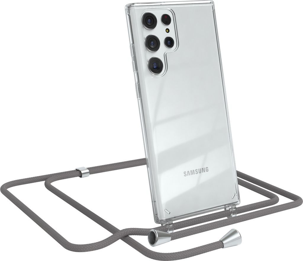 EAZY CASE Handykette kompatibel mit Samsung Galaxy S22 Ultra 5G, Handyhülle mit Umhängeband, Handykordel, Schutzhülle Clear, Band in Grau