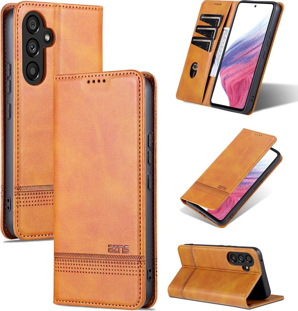 A collage of images showing a brown leather phone case for a Samsung Galaxy A54 5G from different angles, including its cardholder feature and stand function.