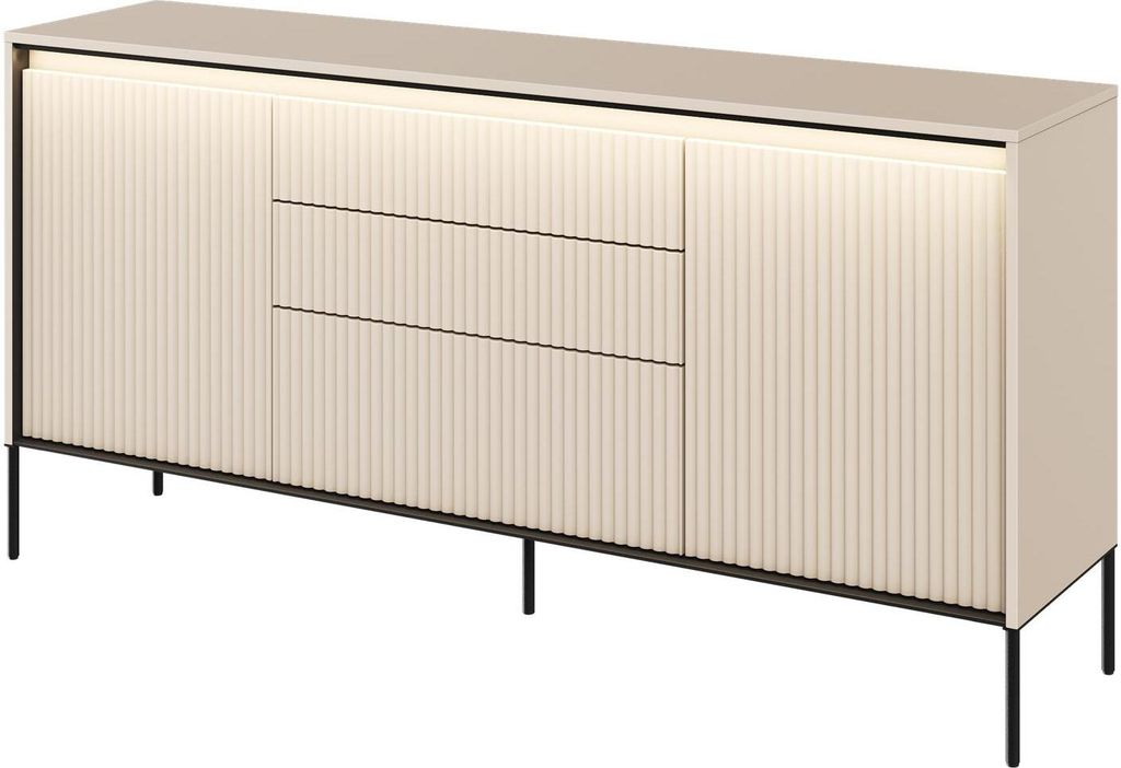 Kommode TREND TR-01 mit 3 Schubladen 2 Türen LED-Beleuchtung Sideboard 166 cm Mehrzweckschrank Anrichte Highboard Push-to-Open Modern Geriffelt (B...