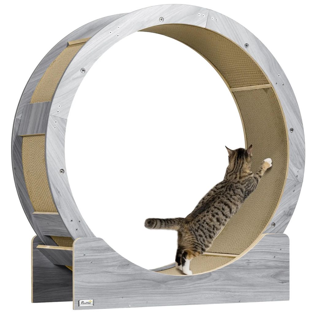 Katzenlaufrad, Laufrad für Katzen, 91 cm, mit Bremse, Kratzmatte, Katzenrad für gesunde Bewegung, Walnuss