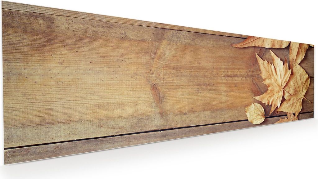 Glasbild Wandbild Blätter auf Holztisch 120x40cm in XXL für Wohnzimmer, Schlafzimmer, Badezimmer, Flur