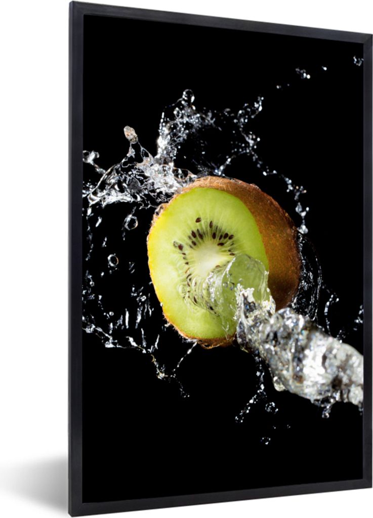 MuchoWow Gerahmtes Poster Kiwi - Obst - Stillleben - Wasser - Schwarz 40x60 cm - Poster mit Schwarzem Bilderrahmen Wandposter Rahmen Foto Bilder ...