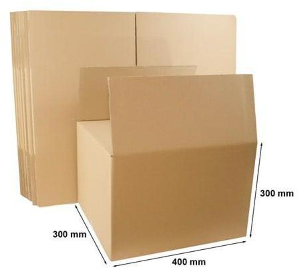 A stack of folded cardboard boxes and one assembled box with dimensions indicated.
