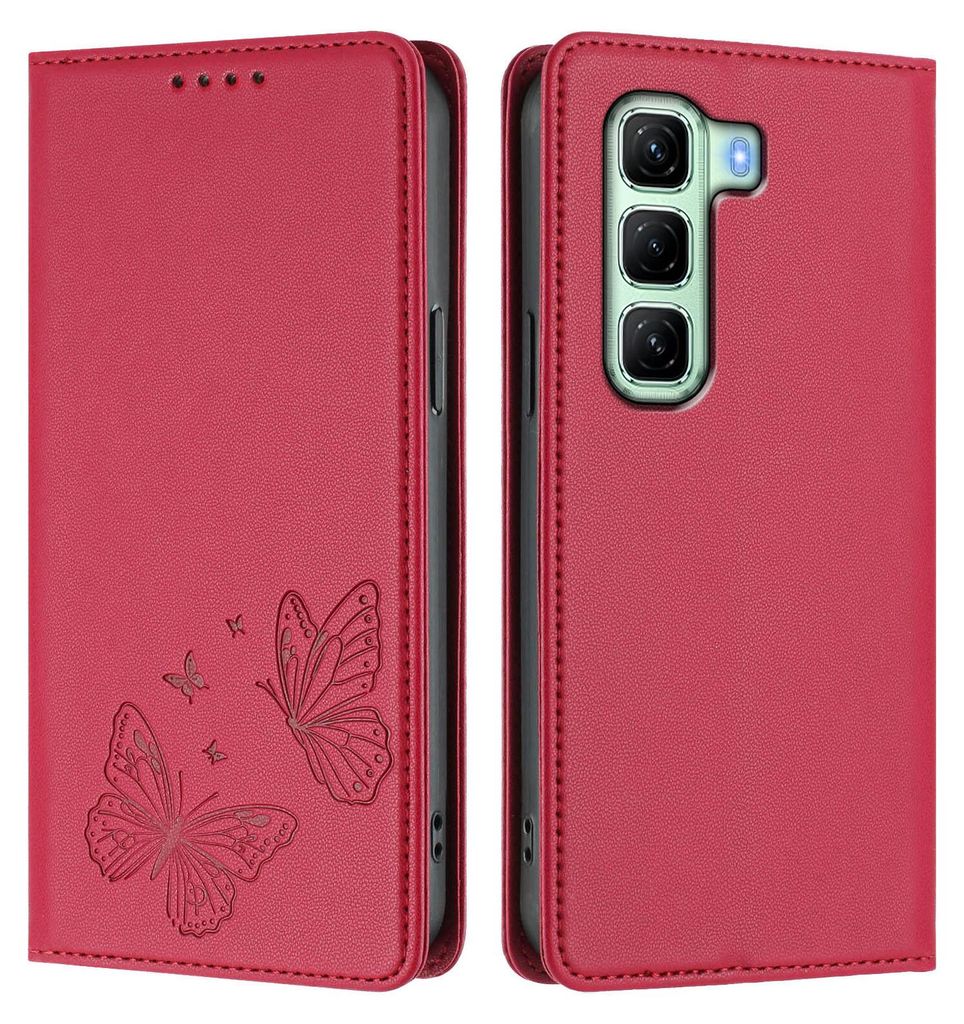 Lederhülle für Infinix Hot 50 5G, Schmetterling Prägung Leder Brieftasche Schutzhülle mit Ständer Rot