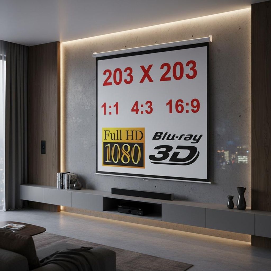 A projection screen displaying various aspect ratios and resolutions in a modern living room.