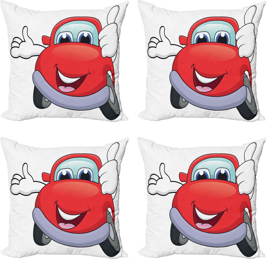 ABAKUHAUS Autos Kissenbezug Set (4 Stück), Cartoon-Rot-Fahrzeug Glücklich, Moderner Doppelseitiger Digitaldruck, 45 cm x 45 cm, Vermilion Flieder