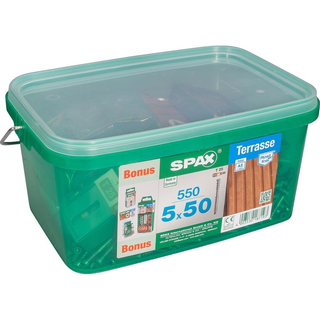 A green plastic container with a transparent lid, filled with screws. The container has a label with product information and branding.