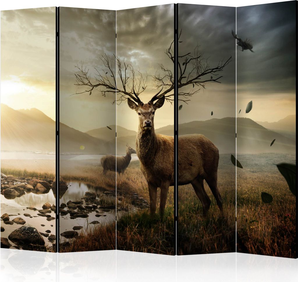 Akusticher Raumteiler Hirsch Foto Paravent 225x172 cm beidseitig auf Vlies-Leinwand bedruckt Akustikschaum Trennwand Spanische Wand Sichtschutz Hom...