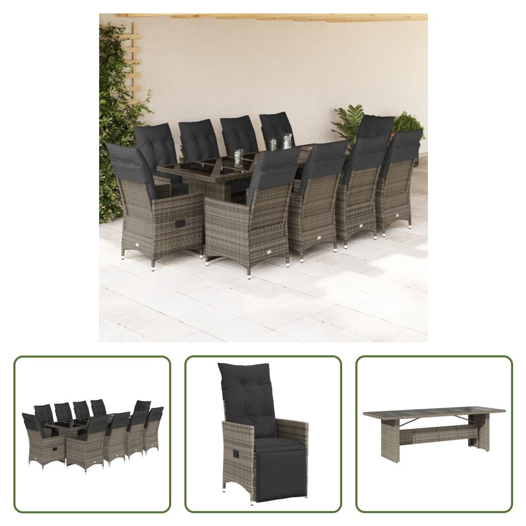The Living Store 11-tlg. Garten-Bistro-Set mit Kissen Grau Poly Rattan