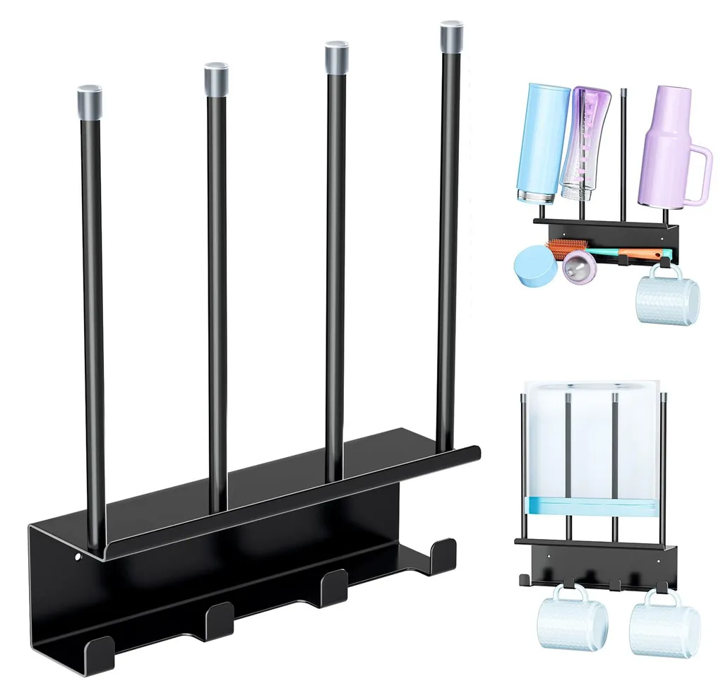 Porte-bouteilles mural noir pour séchage de tasses et bouteilles inox