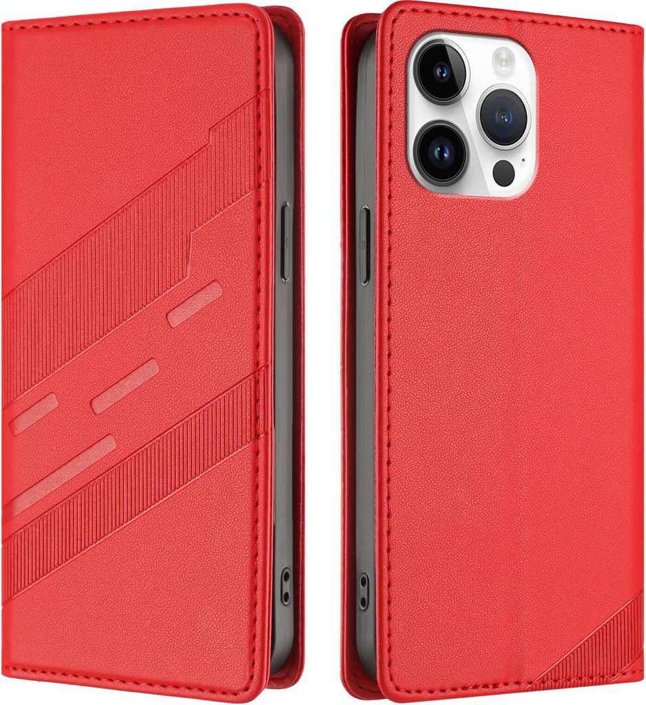 Hülle für iPhone 15 Pro Max, Kunstleder Brieftaschen Handyhülle mit Kartenfach und Standfunktion Rot