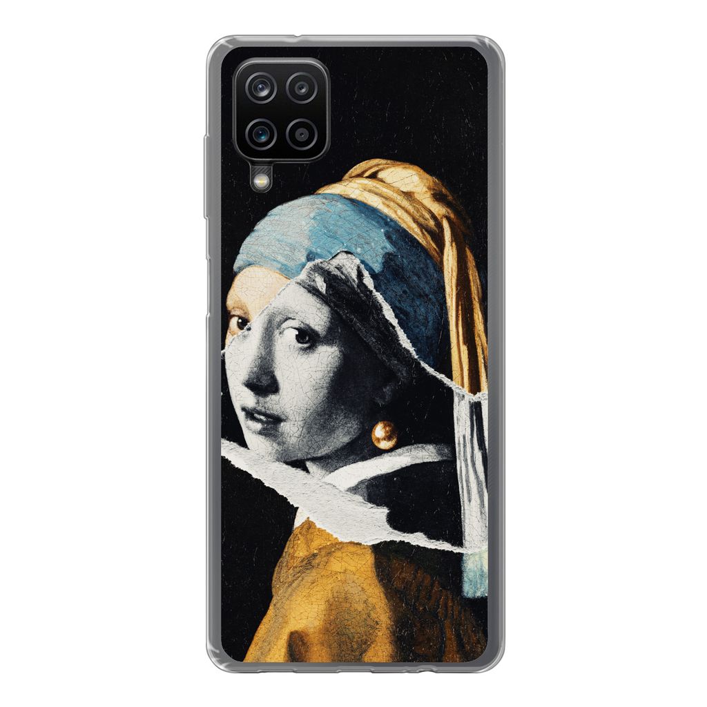 MuchoWow Handyhülle Schutzhülle Hülle für Samsung Galaxy A12 Mädchen mit Perlenohrring - Gold - Schwarz - Weiß Silikon Softcase Handy Hüll...