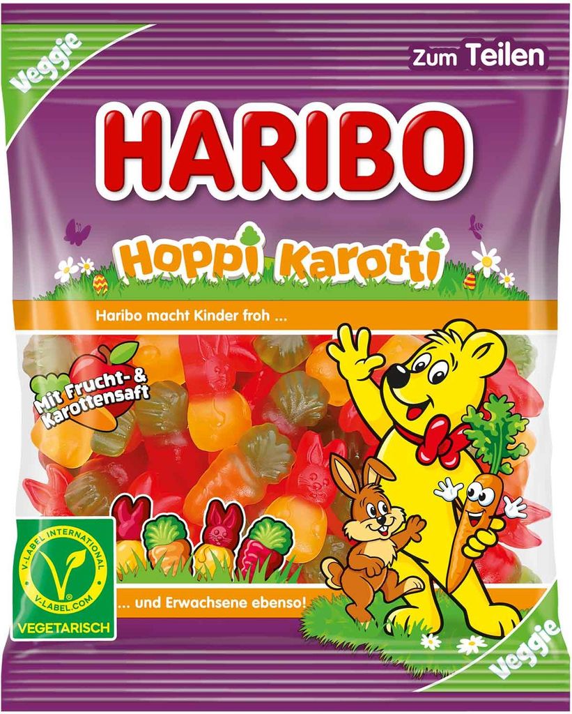 A bag of Haribo Hoppi Karotti gummy candies, featuring cartoon characters and product information.
