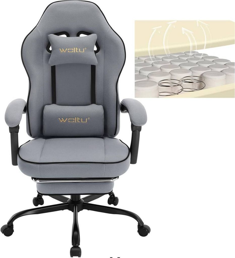 A gray gaming chair with a detail image of pocket springs.