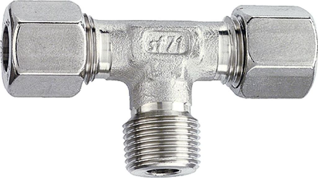 Riegler T-Einschraubverschraubung, R 1/4 a., Rohr-Außen-Ø 6, ES 1.4571