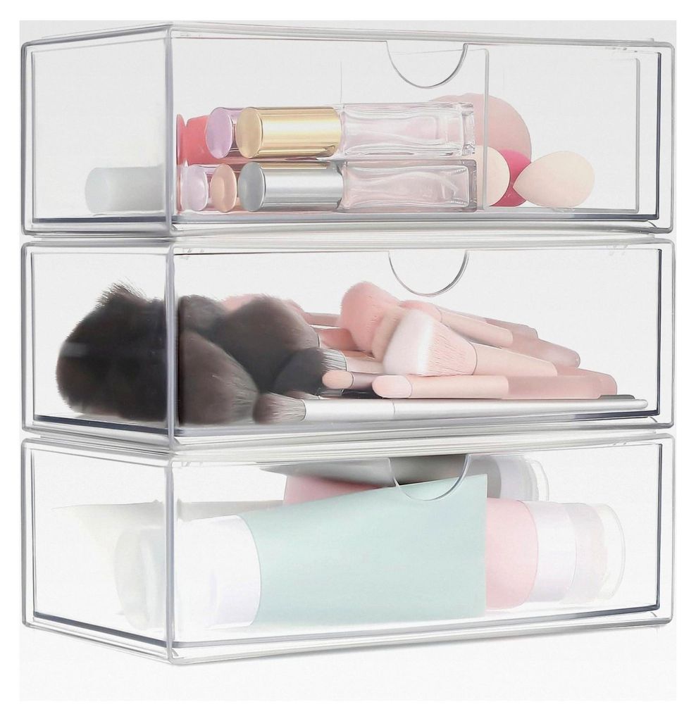 Make-up Organizer mit Deckel, transparente Kosmetik Aufbewahrungsbox für Lippenstift, Wattestäbchen und Schreibtischzubehör, stapelbar für Bade...