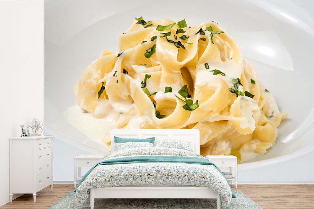 MuchoWow Fototapete für Wohnzimmer oder Schlafzimmer Wandtapete Vinyl Motivtapete Nudeln mit Parmesankäse - 390x260 cm - Papiertapete