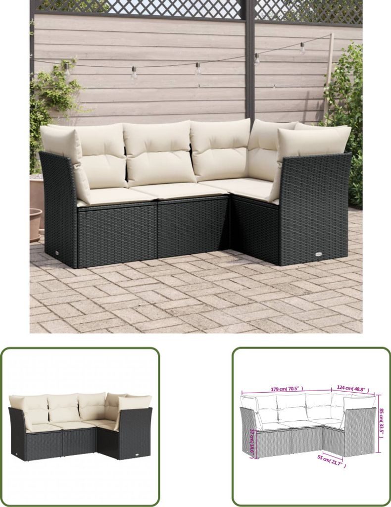 The Living Store 4-tlg. Garten-Sofagarnitur mit Kissen Schwarz Poly Rattan