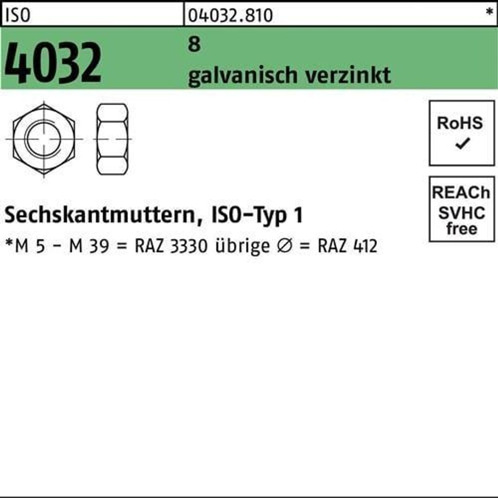 Sechskantmutter ISO 4032 M 22 8 galvanisch verzinkt