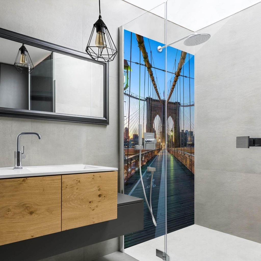 Duschrückwand Stadt selbstklebend - 0.61 mm Wandpaneel wasserfest Architektur orange Motiv Badrückwand fugenlos Premium matt 80x210 cm
