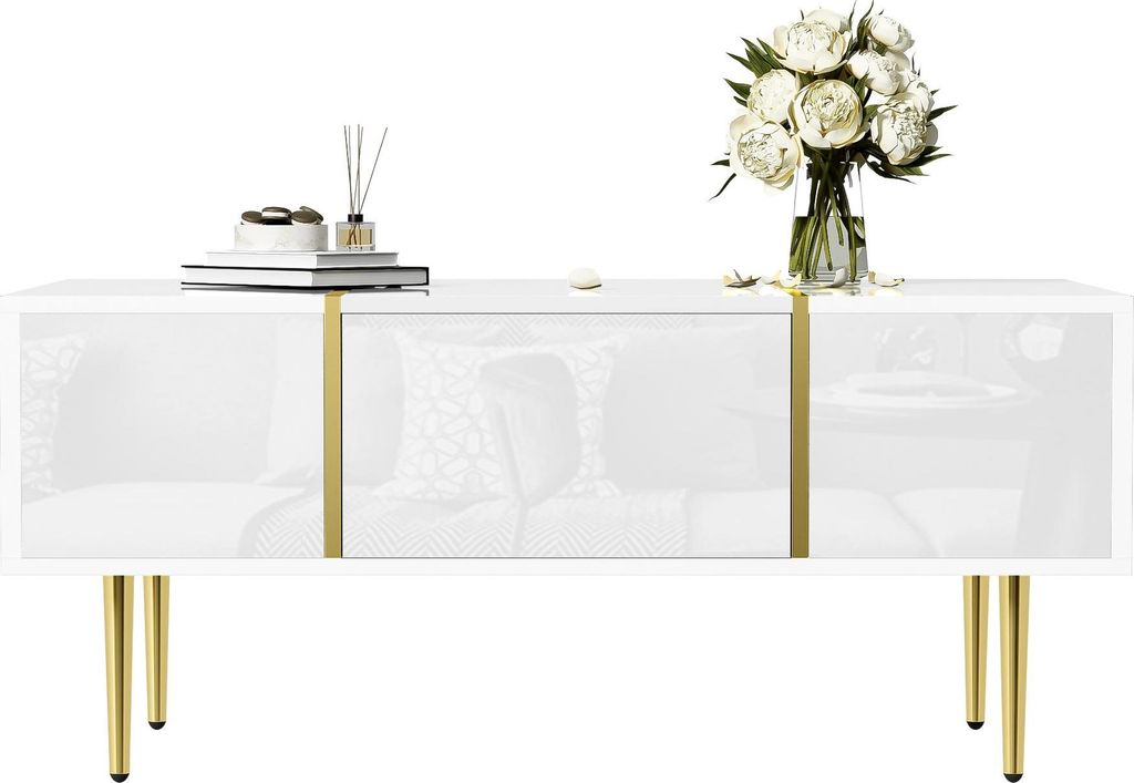 Sweiko Weißer Couchtisch mit Hochglanz, modern und schlicht, mit 2 Schubladen