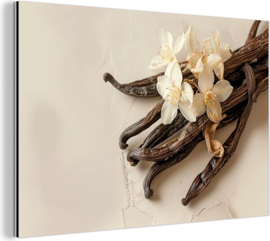 MuchoWow Wanddekoration Metall Metallbild Wandkunst 90x60 cm Vanille - Geblümt - Beige MuchoWow Aluminium Gemälde - Wandbilder