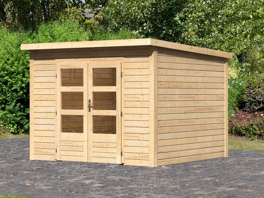 KARIBU Naturbelassen 270 x 270 cm Gartenhaus, Steck Und Schraubsystem, 28 mm Wandstarke Fichte, Flachdach, Doppeltur, Modernes Design, Ohne Boden