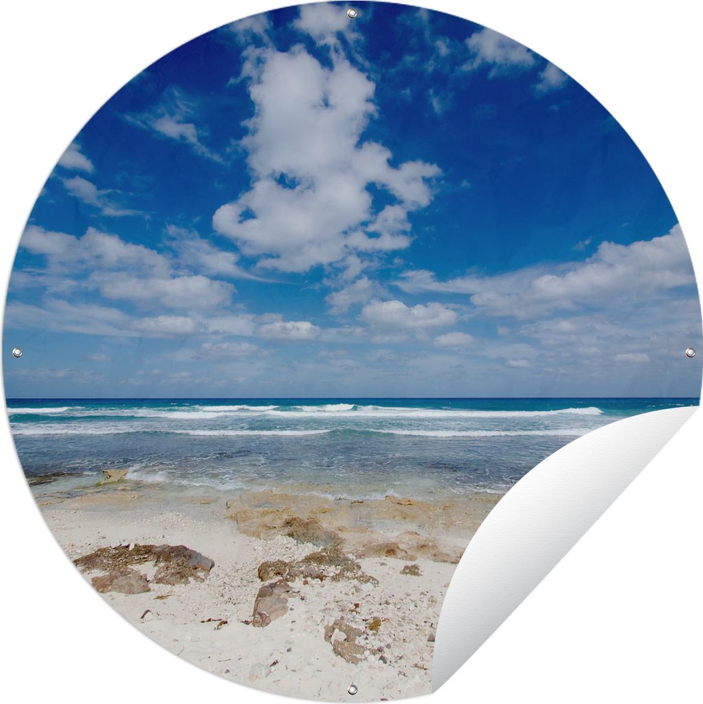 MuchoWow Gartenposter Outdoor-Poster Rund Blauer Himmel mit Wolken am Strand von Isla Mujeres in Mexiko Ø 60 cm Gartendeko Rundes Poster draußen