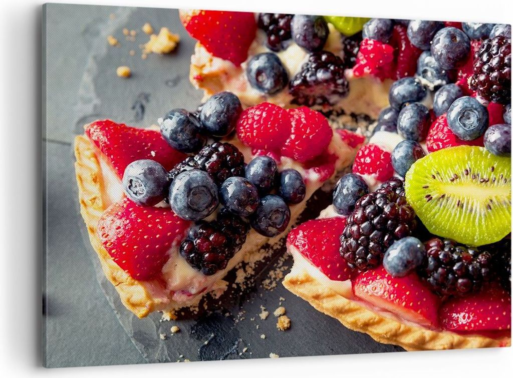 Bild auf Leinwand - Leinwandbild - Kuchen Dessert Obst Erdbeere - 100x70cm - Wand Bild - Wanddeko - Leinwanddruck - Bilder - Kunstdruck - Wanddekor...