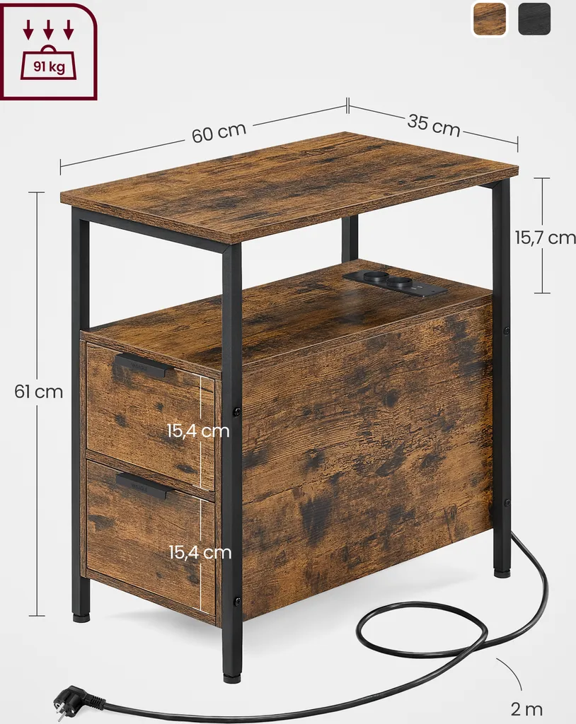 Petite Table d'Appoint avec Prises USB et 2 Tiroirs de Rangement Fermés - 14